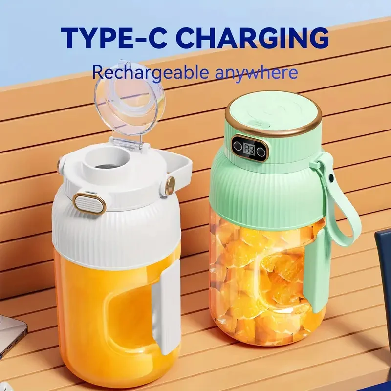 عصارة محمولة Green XL 40.58oz، قابلة لإعادة الشحن عبر USB مع أغطية مزدوجة، قش سيليكون وكابل من النوع C، مثالية للسفر والحياة النشطة