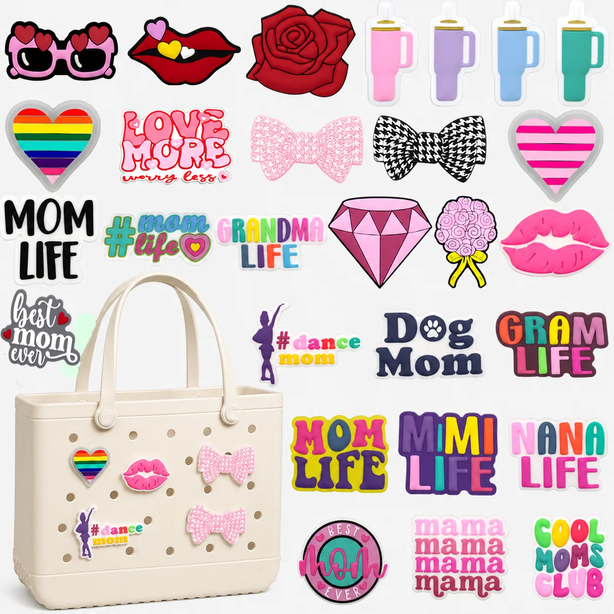 1PCS Elegant Mom Series Bag Charm for Women, Colorful Heart Cup Charm for Tote Bags, Sunglasses-Shaped Lip Accessories for Handb