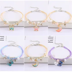 Trendy Moon Star Romantic Bracelet for Women Cute Butterfly Pendant Handmade Braid Adjustable Chain Girls Jewelry Birthday Gift