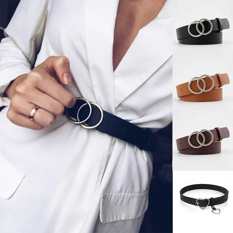 Double Ring Women Belt Fashion Waist Belt PU Leather Metal Buckle Heart Pin Belts For Ladies Leisure Dress Jeans Wild Waistband