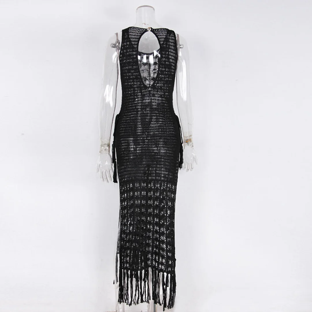 S-XL Sexy, ausgeschnittenes, mit Fransen und Quasten versehenes, gestricktes, gehäkeltes Tunika-Strandkleid, Strandkleid, Strandmode, Damenmode V3800 – Detail 17