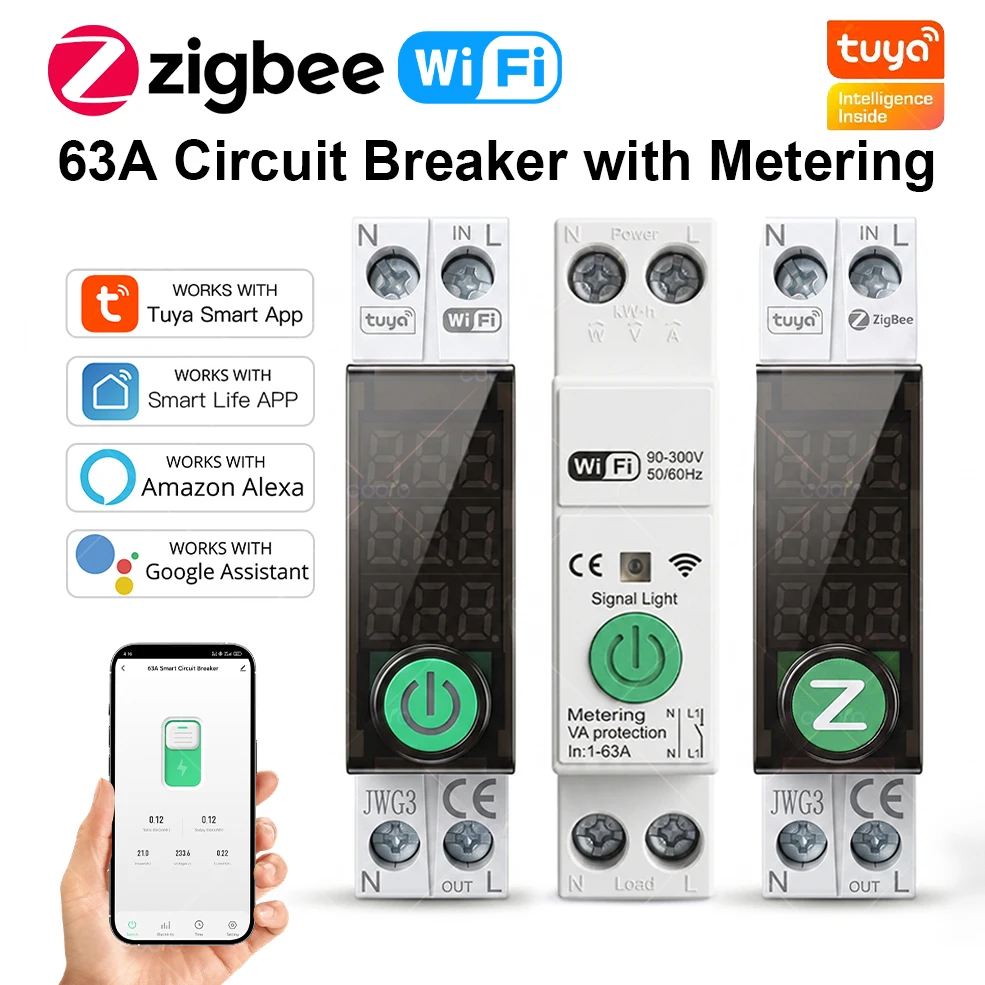 Tuya WiFi/Zigbee Intelligenter Schutzschalter MCB 1P+N 63A Timer Stromzähler Energie kWh Spannungs- und Strommessgerät für Alexa Google Home