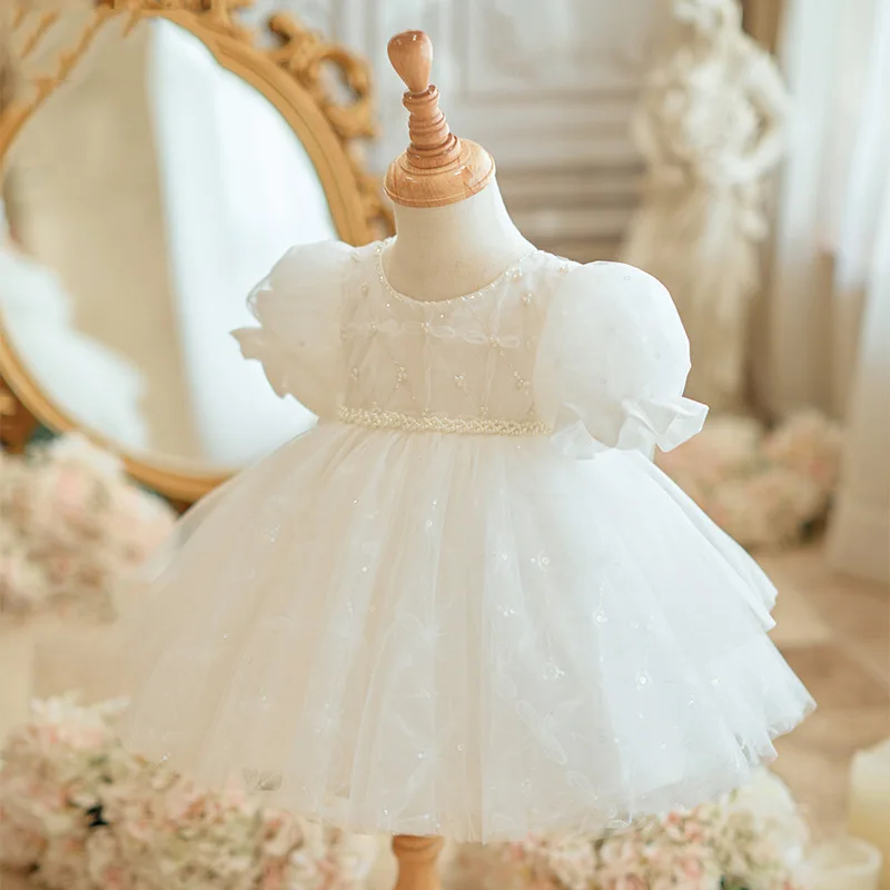 Fashion Baby Girl Princess Bling Pearl Sequin Dress Infant Toddler Child Bow Short sleeve Party Pageant Birthday Ball Gown