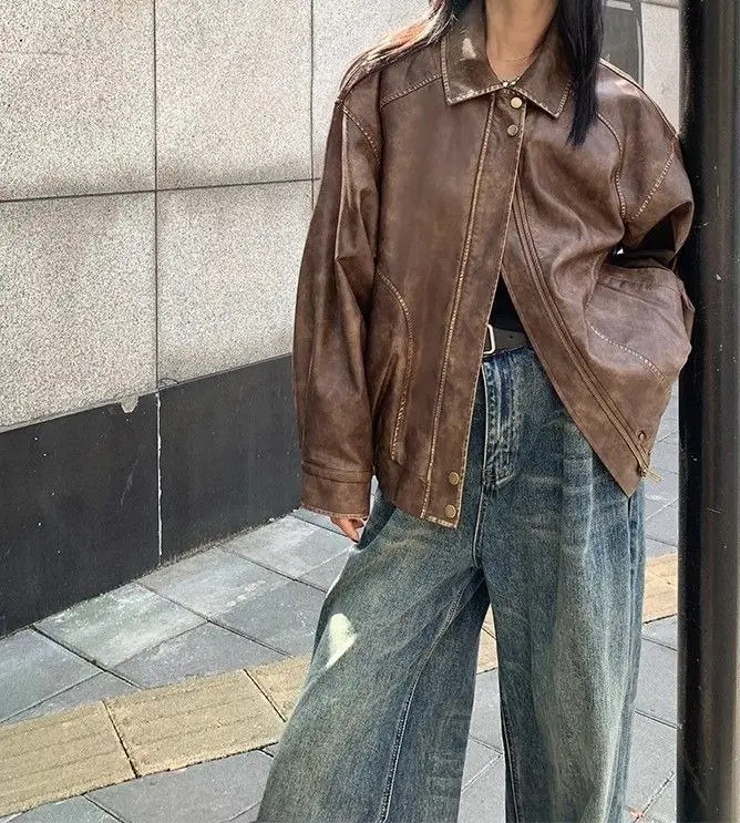

Retro Distressed Collar Loose and Cool Windbreaker Jacket with Leather Trim