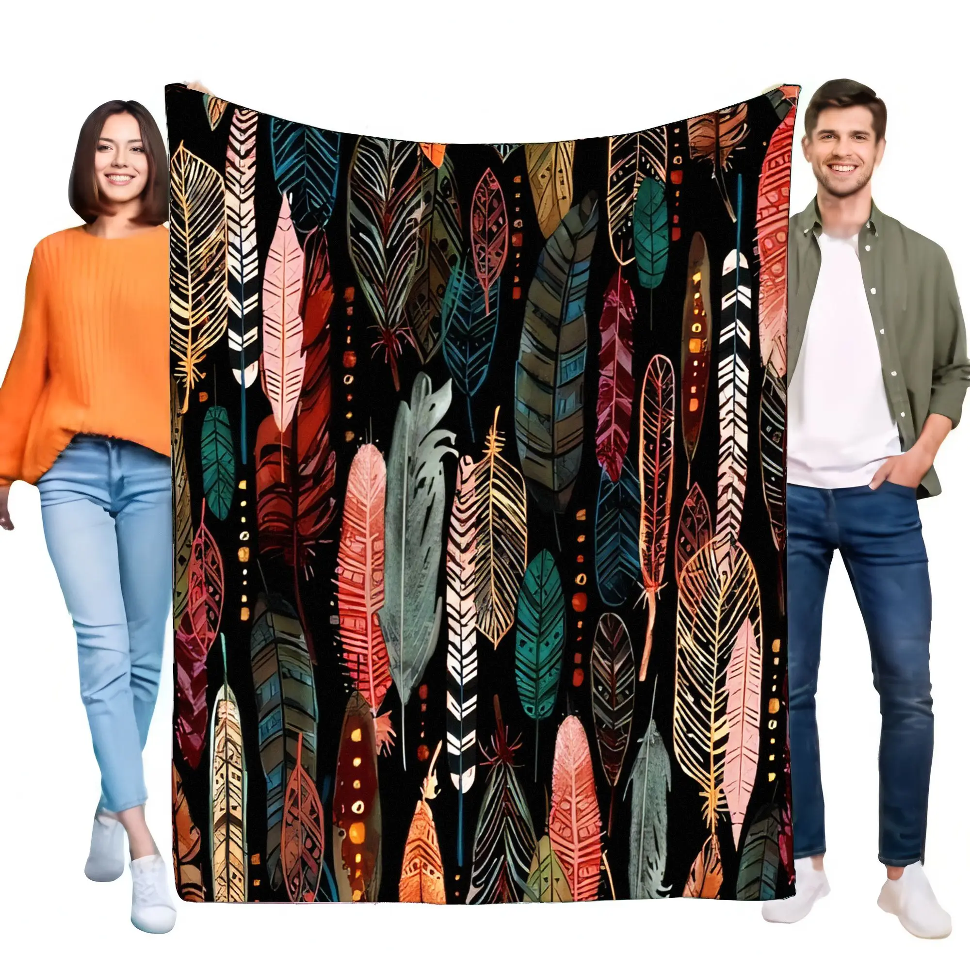 Colorful Feather Pattern Blanket Soft Cozy Throw for Home Décor, Lightweight, Perfect for Sofa, Bed, Camping, Travel, Great Gift