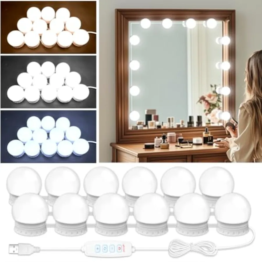 LED Vanity Mirror Lights with Stick On Dimmable, 3000K 4500K 6500K and 10 Brightness Levels Adjustable, Plug in USB Cable, Holl