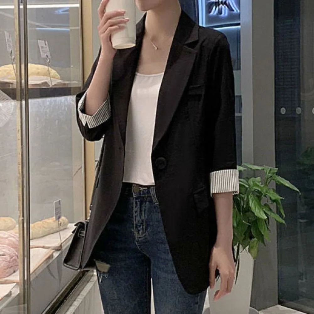 Eenvoudige Streep Elegant Jasje Losse Casual Pak Jas Vrouwen Lange Mouw Plus Size Professionele Kantoor Blazer Lente Herfst