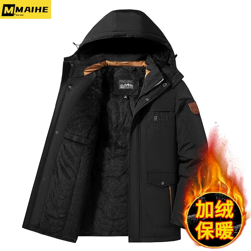 Punk-style hooded parka for men Winter fleece padded coat Vintage Retro multi-pocket outdoor work suit windproof ski jacket