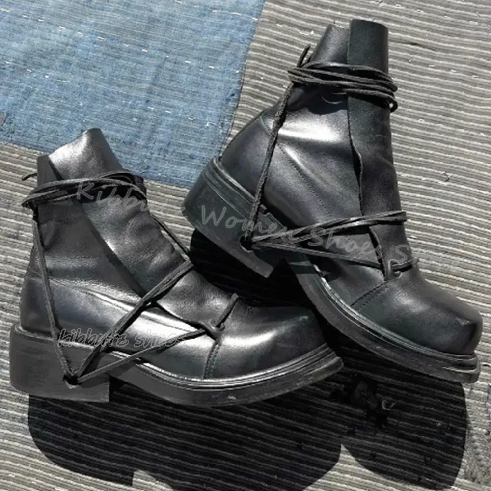 Cross Strap Ankle Boots Genuine Leather Solid Color Lace-Up Novelty Sexy Fashion Concise Square Toe Chunky Heels Men Shoes New