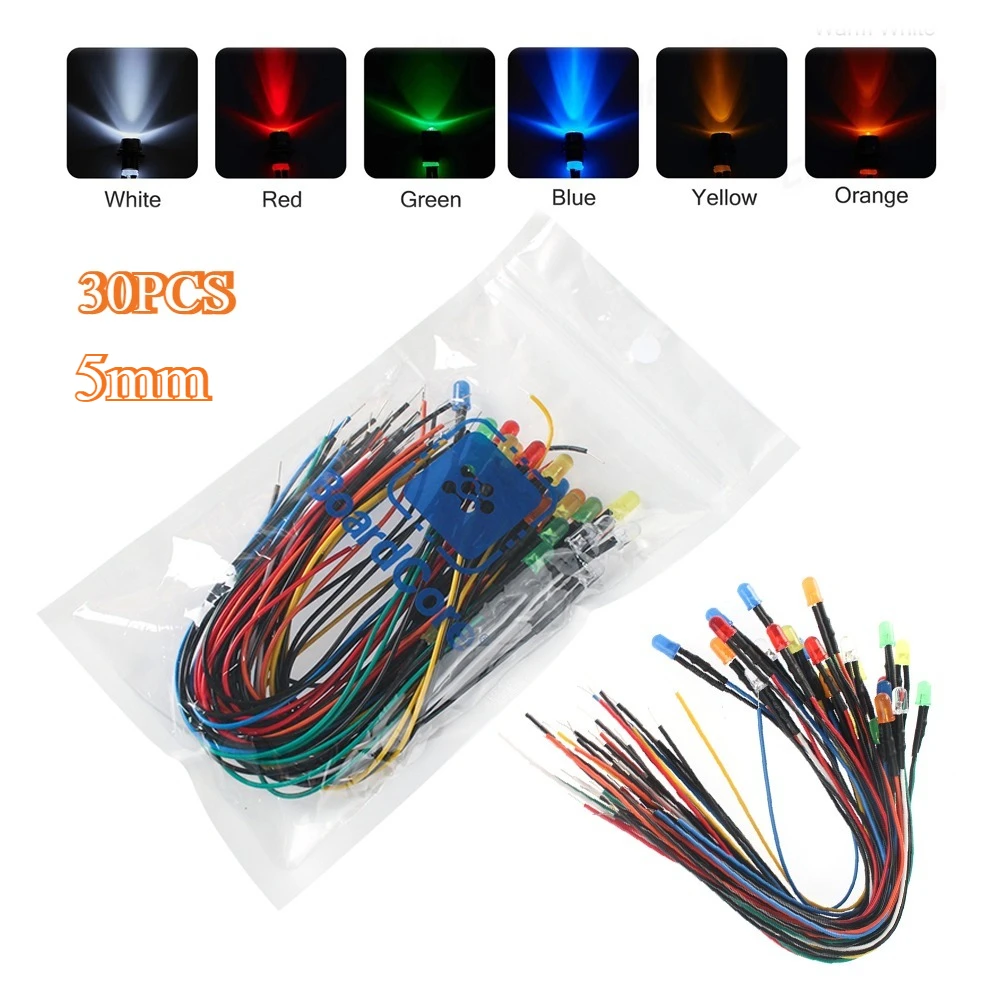 25-50PCS 12V 5mm LED Diodes Lights Kit with 20CM Prewired Red Green Blue White Orange Yellow Emitting Colors Diodes Lamp for DIY