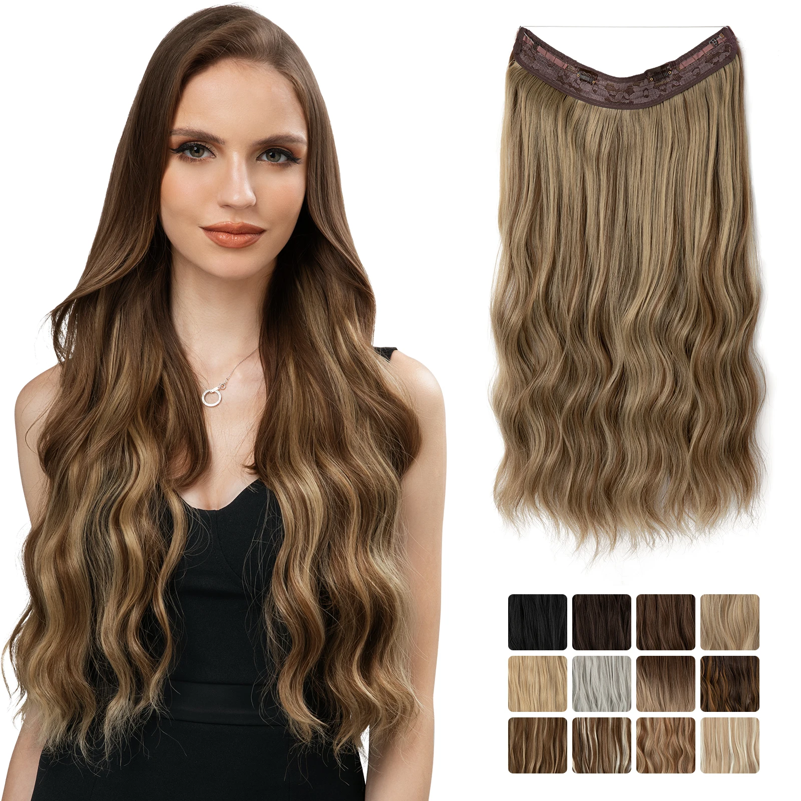 SARLA-extensiones de cabello con Clip Invisible para mujer, postizo de onda sintética, línea de pescado, Ombre, Rubio Natural, pieza de cabello falso