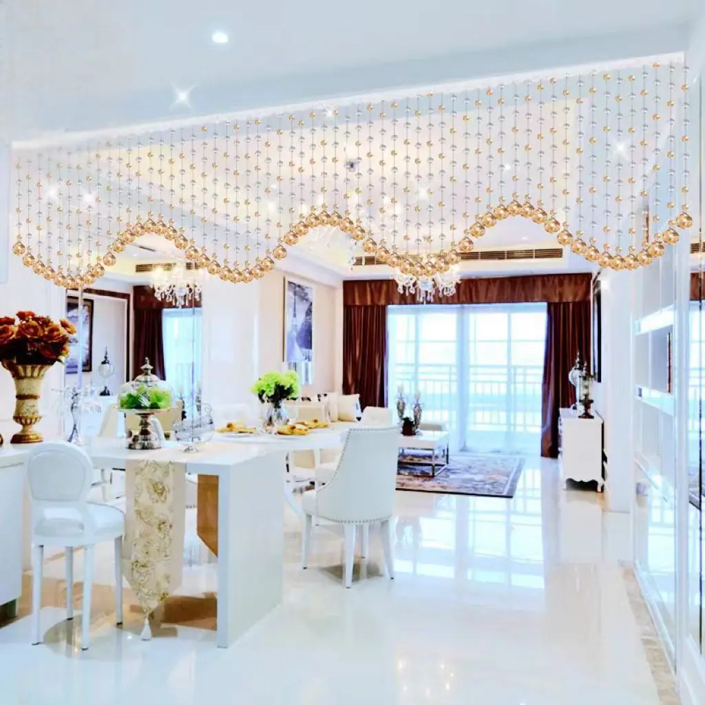 Wave Shape Crystal Bead Curtain Screen Living Room Hallway Window Bedroom Valance Finished Decorative Curtains No Drill Hole