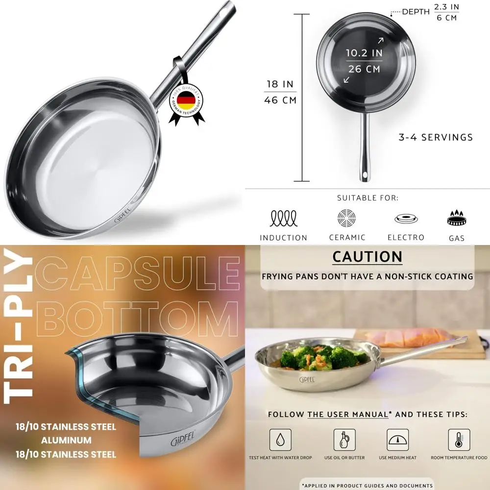 

GIPFEL INTERNATIONAL 3 Piece Stainless Steel Frying Pan Set 8, 10, 12 Inch - Tri Ply Stainless Steel Skillet Healthy Cookware -