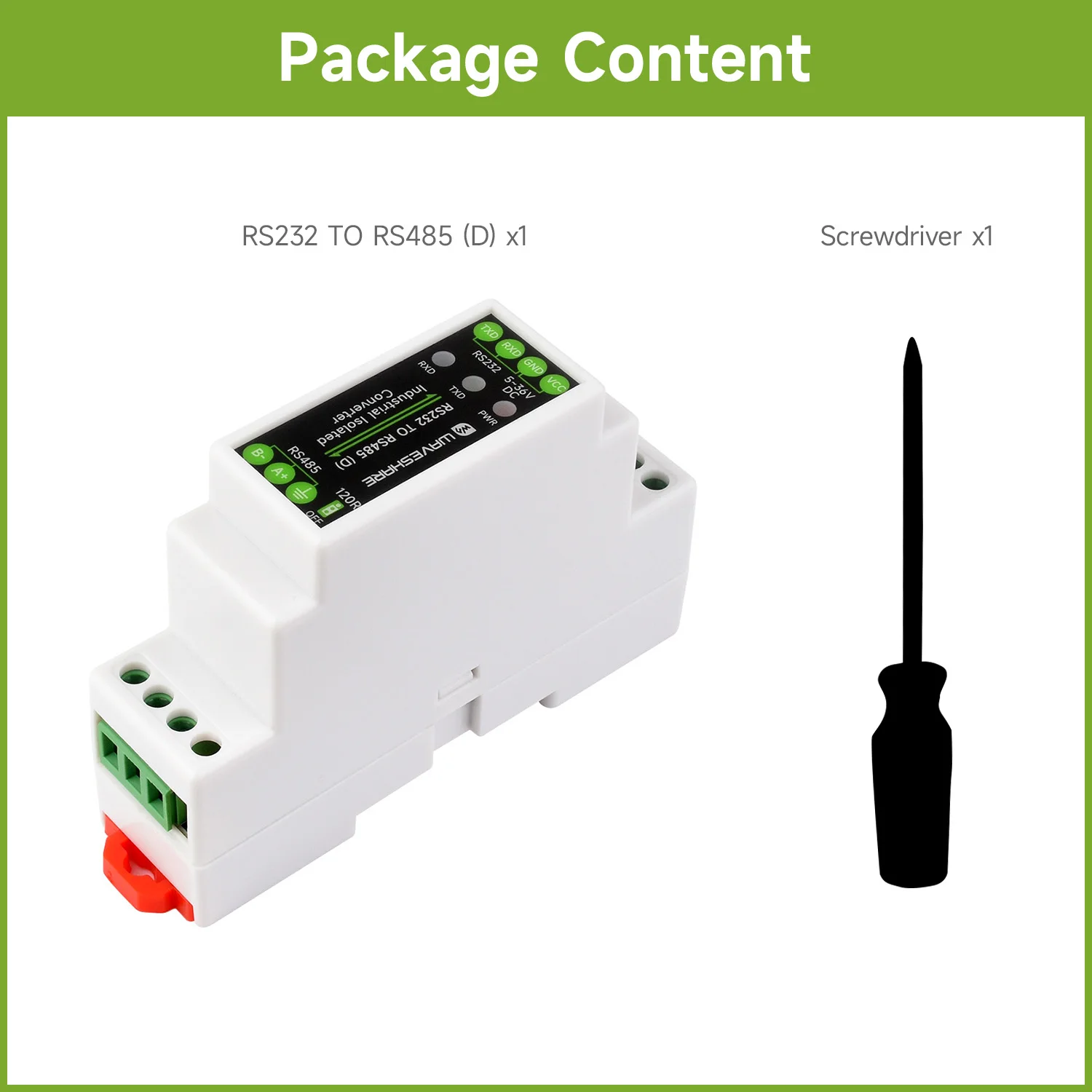 Waveshare RS232 To RS485 Converter Active Digital Isolator, Rail-Mount Support, for Industrial, agricultural, IoT