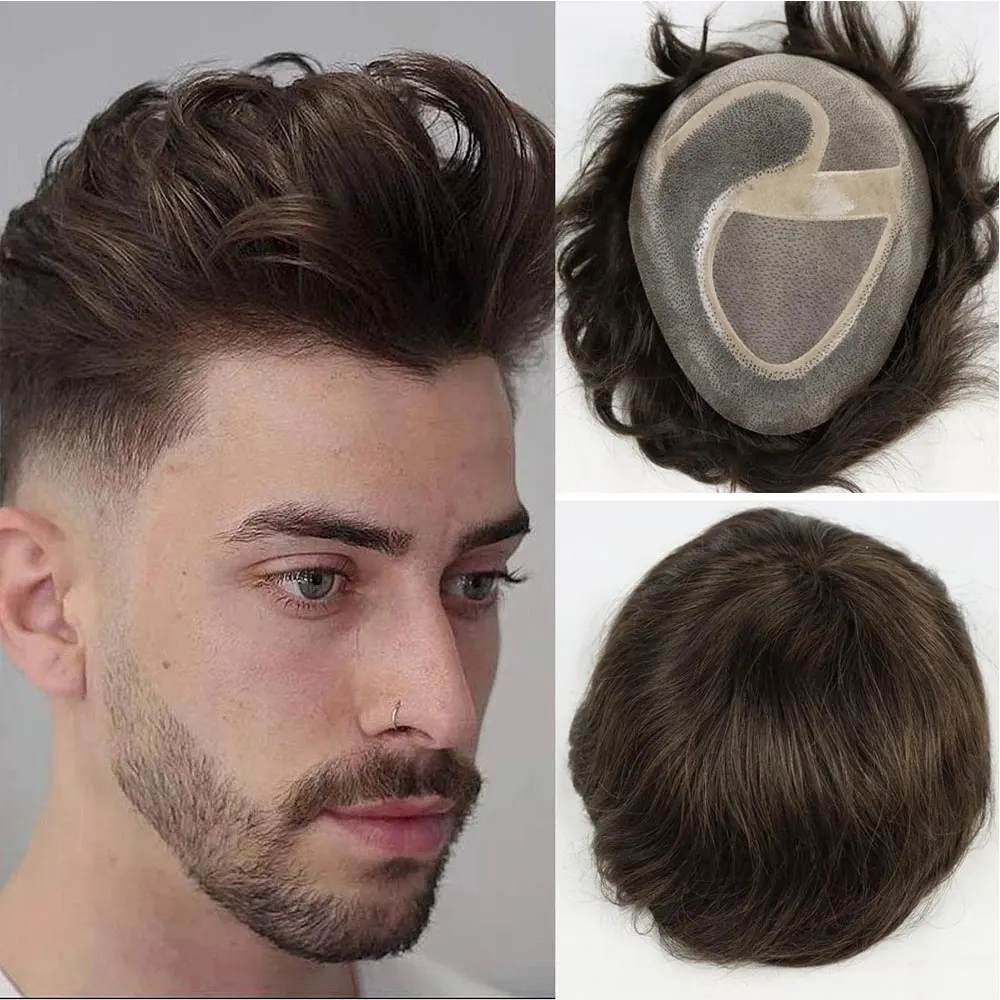 Durable Hair System for Men Fine Mono Lace and Skin PU Systems Mens Toupee Hairpieces Natural Hairline 8