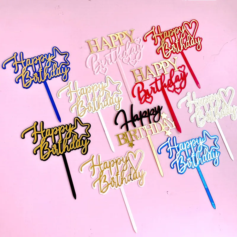 New Happy Birthday Cake Topper Blue Gold Double Layer Heart Birthday Acrylic Cake Topper for Birthday Party Cake Decorations