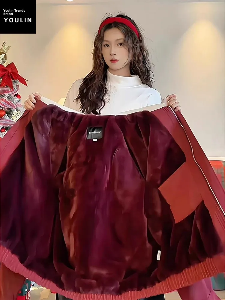 

Red Wine Color Thiened Fce Lined Women's Cotton Jaet Workwear Sle Zipper Closure Long Sve Stand Collar Coat