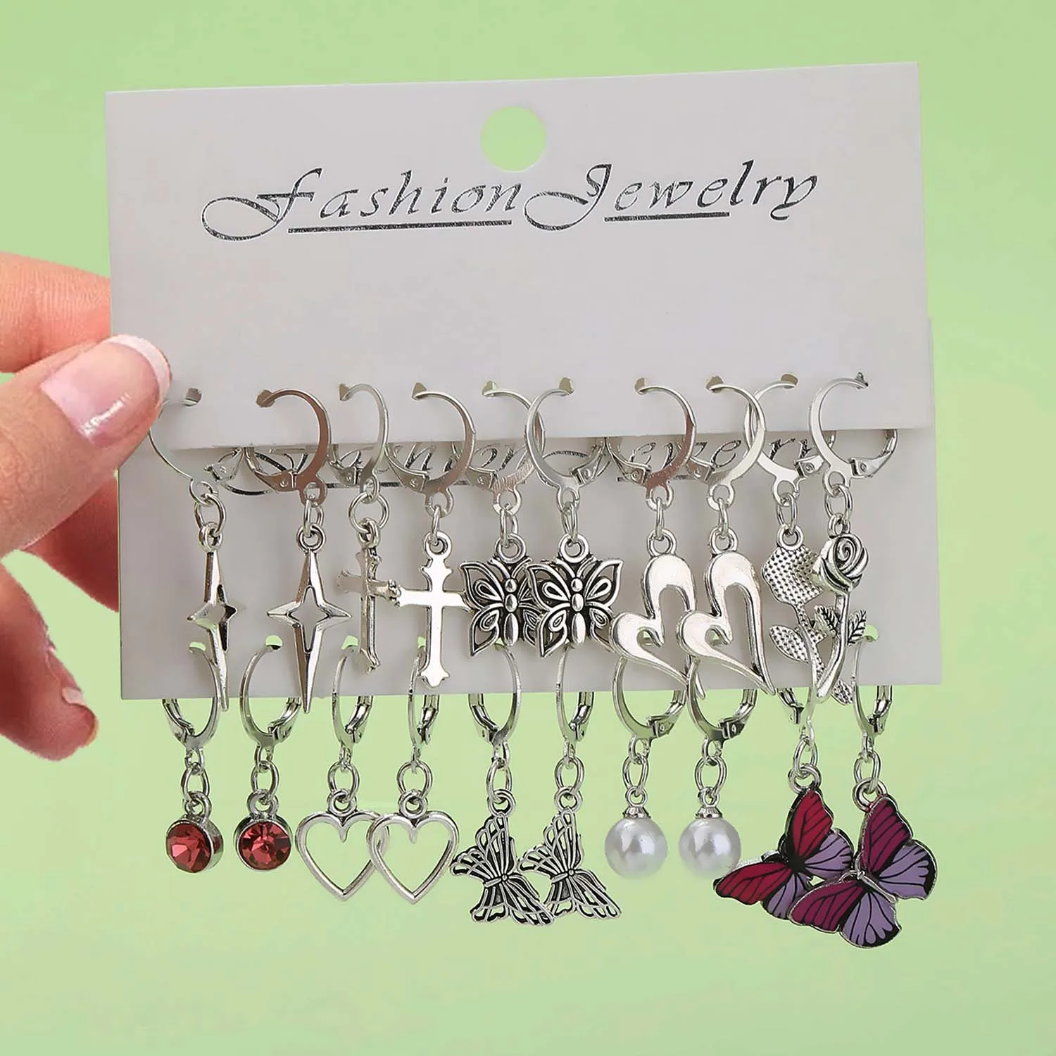 10 Pairs/Set Fashionable Alloy Earrings Butterfly, Rose Flower, Cross, Hearts Design Earrings, Jewelry Gifts For Ladies And Girl