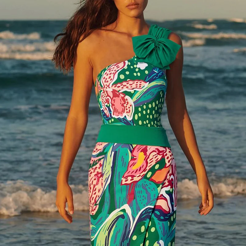 Flaxmaker 2025 New One Piece Swimsuit Sexy Women Printed One Shoulder Swimwear Women Beach Cover Up Bathing Suit Beachwear