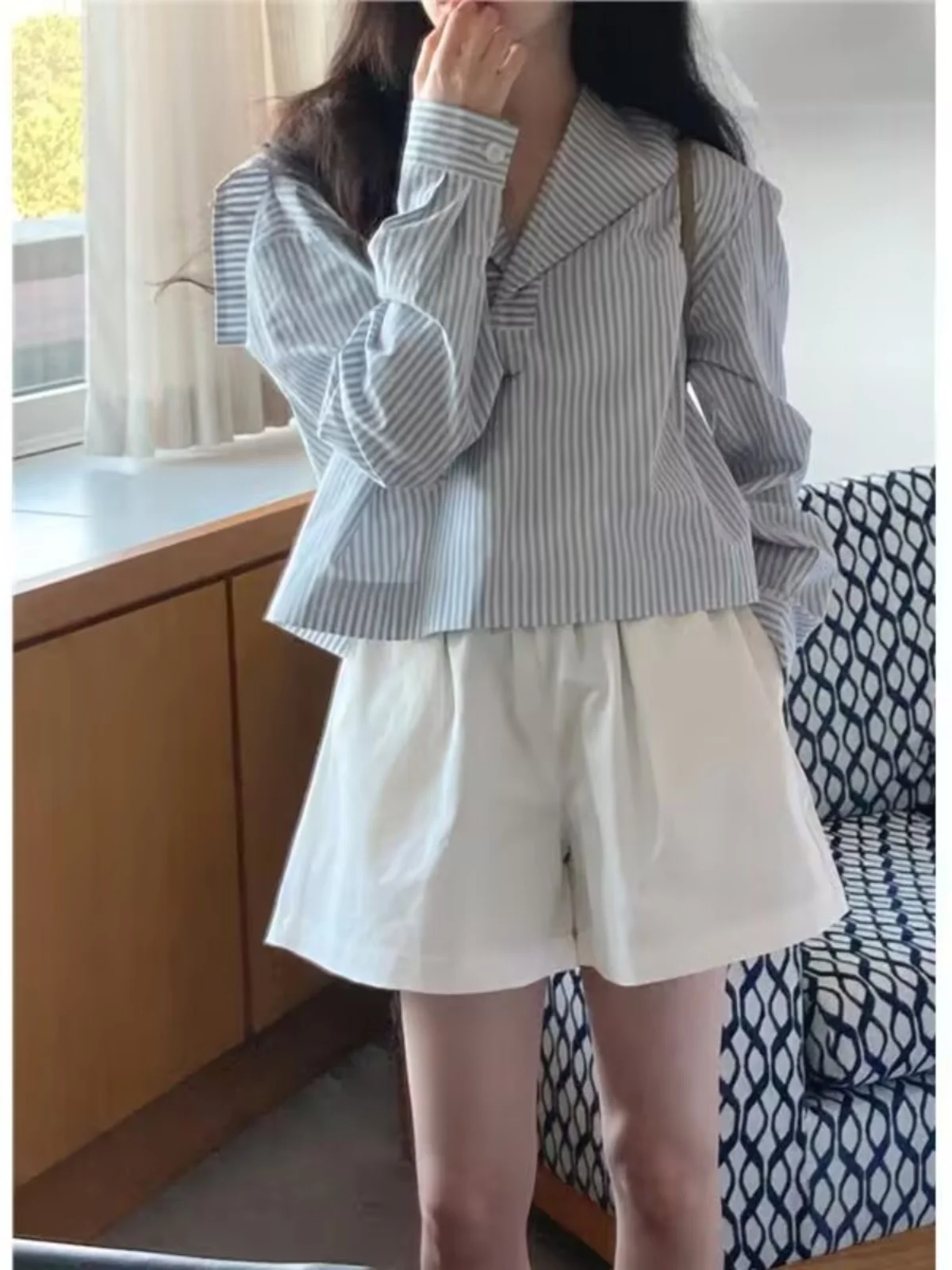 

Blue Striped Naval Collar ort irt Women's Spring Autumn Casual Outerwear Top Vintage Faion Design Loose Fit Long Sve...