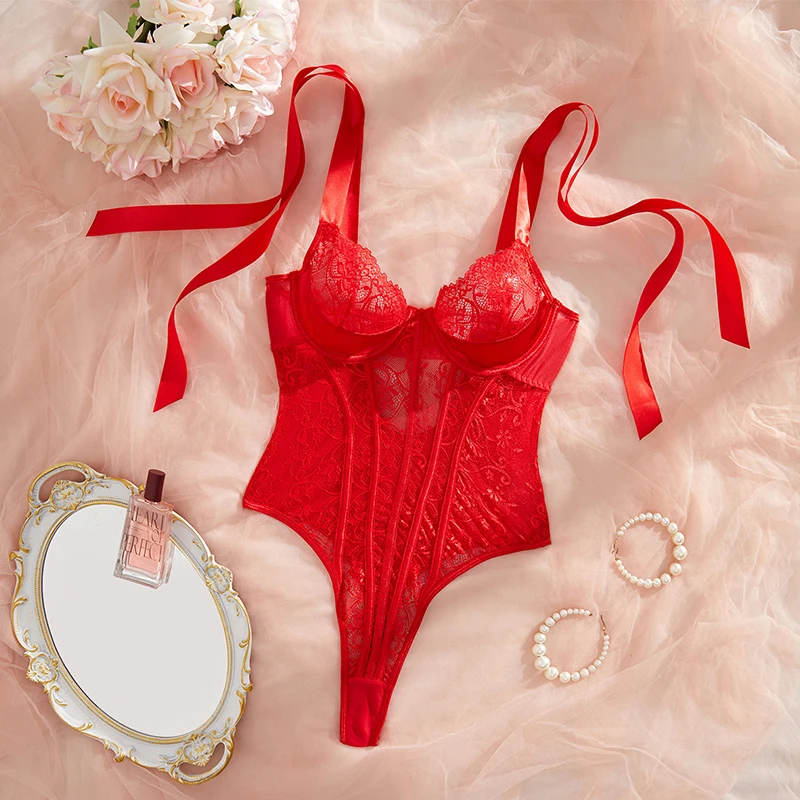 

Сексуальное женское нижнее белье, кружевное боди, красное горячее нижнее белье, боди Тедди, бандажный облегающий комбинезон без рукавов, колготки на День святого Валентина