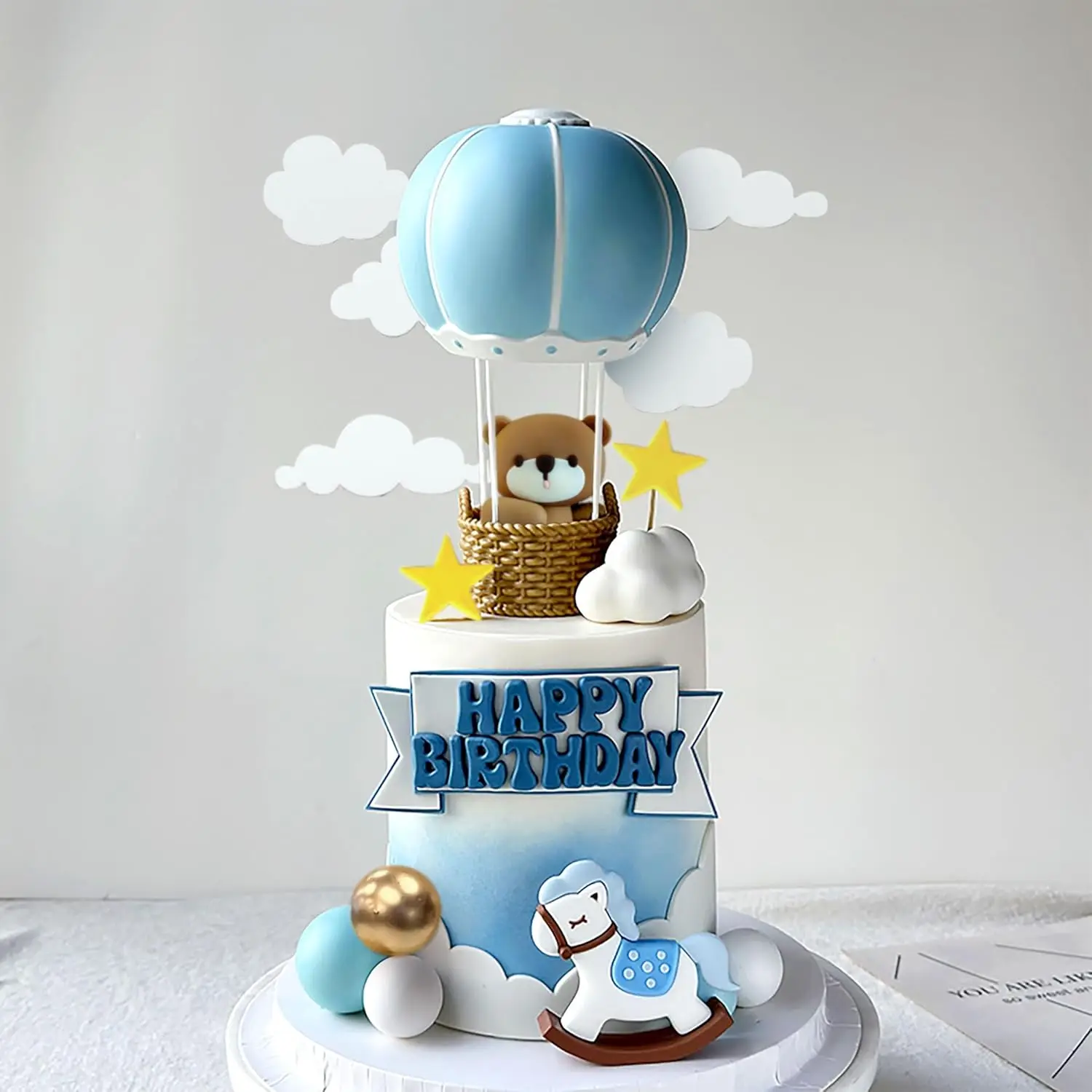 LaVenty Blue Pink Bear Cake Decoration Blue Gold Balls Cake Topper Hot Air Balloons Baby Shower Birthday Cake Decoration - view 2