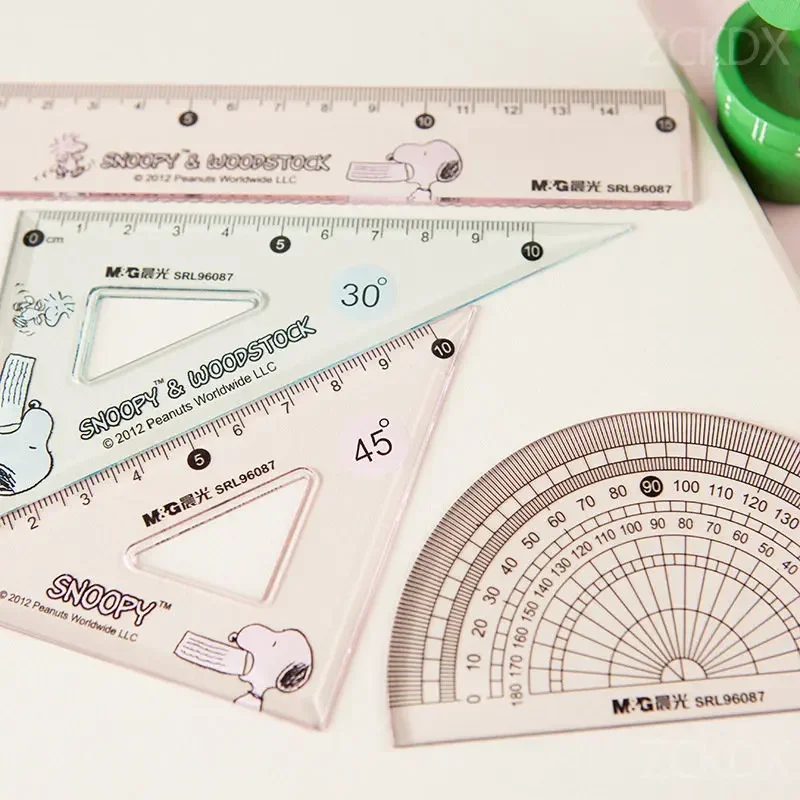 4個のぞき見透明定規セットかわいい漫画子供スケール分度器三角測定ツール事務用品