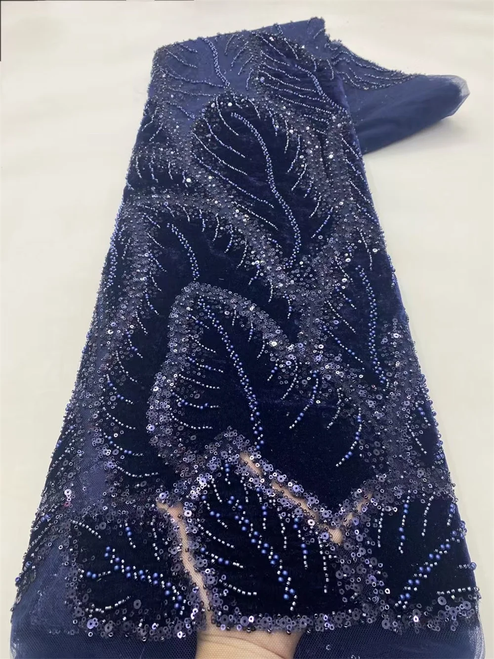 Luxury Velvet Lace Fabric 5 Yars High Quality 2024 Black Beaded Lace Fabric Fashion Sequin African Laces Fabric For Women A791-1