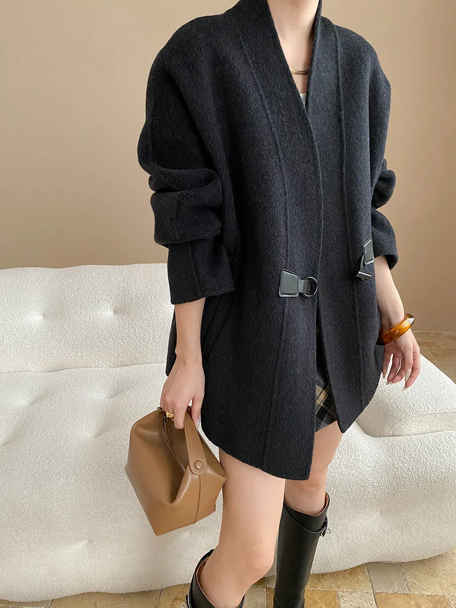 

Зимняя женская повседневная однотонная французская роскошная шерстяная куртка с v-образным вырезом и плиссированной талией для похудения