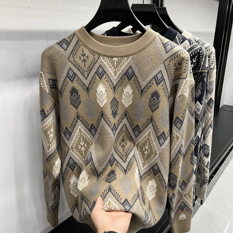 Retro Jacquard O-neck Sweater, High-quality New Product for Autumn and Winter 2024, Daily Casual Knitwear.