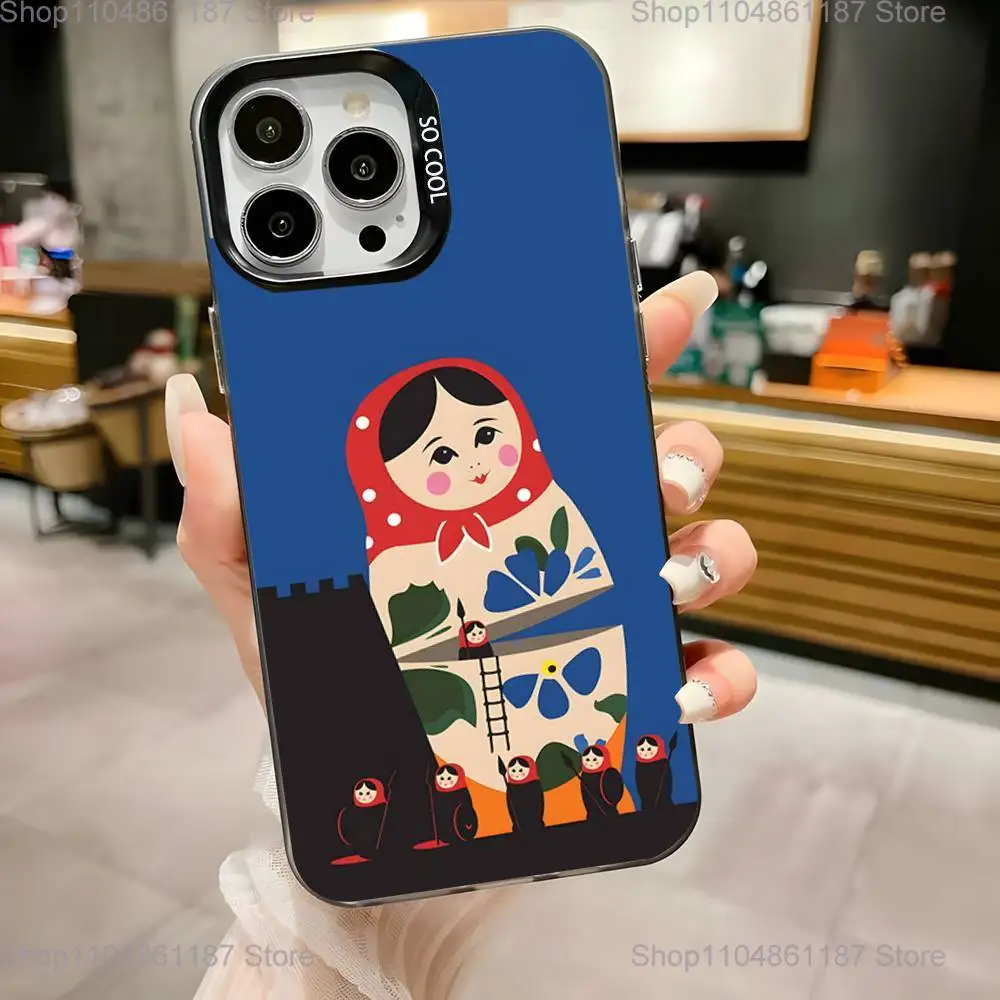 حافظة هاتف ماتريوشكا للدمى الروسية لهواتف iPhone 17,16,15,14,13,12,11,Pro,Max,Plus, Mini,XS,SE مضادة للسقوط باللون الأسود غير اللامع