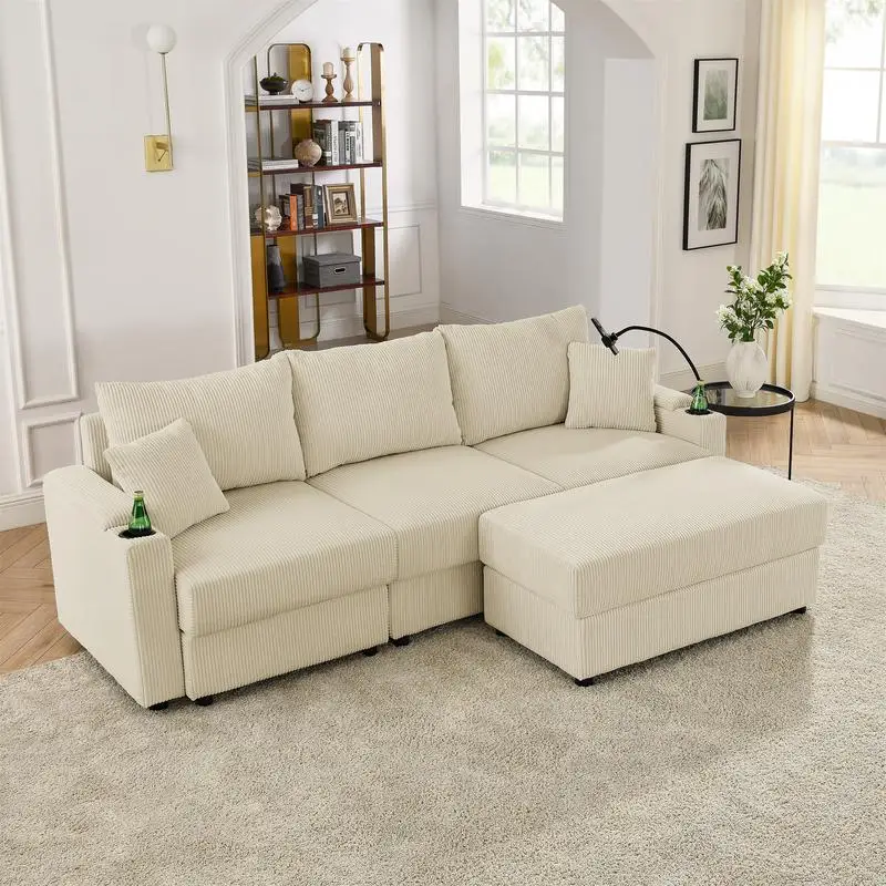 Modern L-Shaped Sofa Set with Storage & Ottoman, Deep Seat Couch with Cup & Phone Holders, Beige Corduroy for Living Room