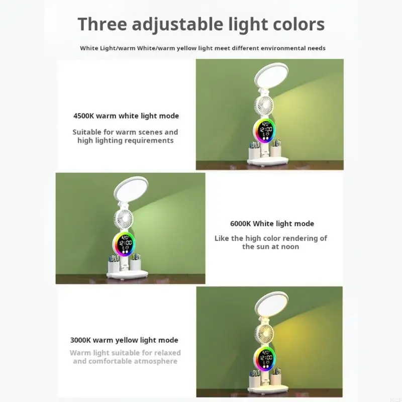 F92F LED Table Light With Fan And Clock Display Eye Protections Tabletop Reading Lamp