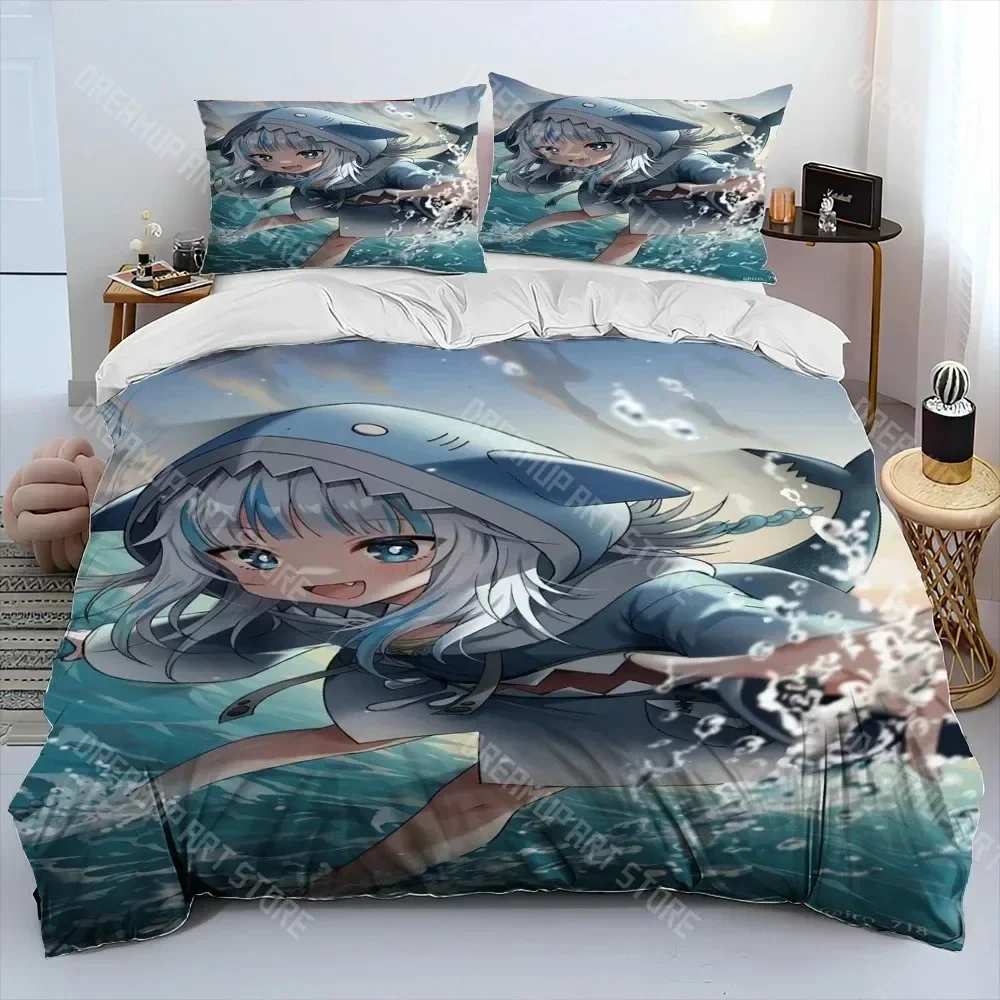 Juego de cama con edredón de tiburón de Anime Gawr Gura con estampado 3D, funda nórdica, funda de edredón, funda de almohada, juego de cama king Queen Size