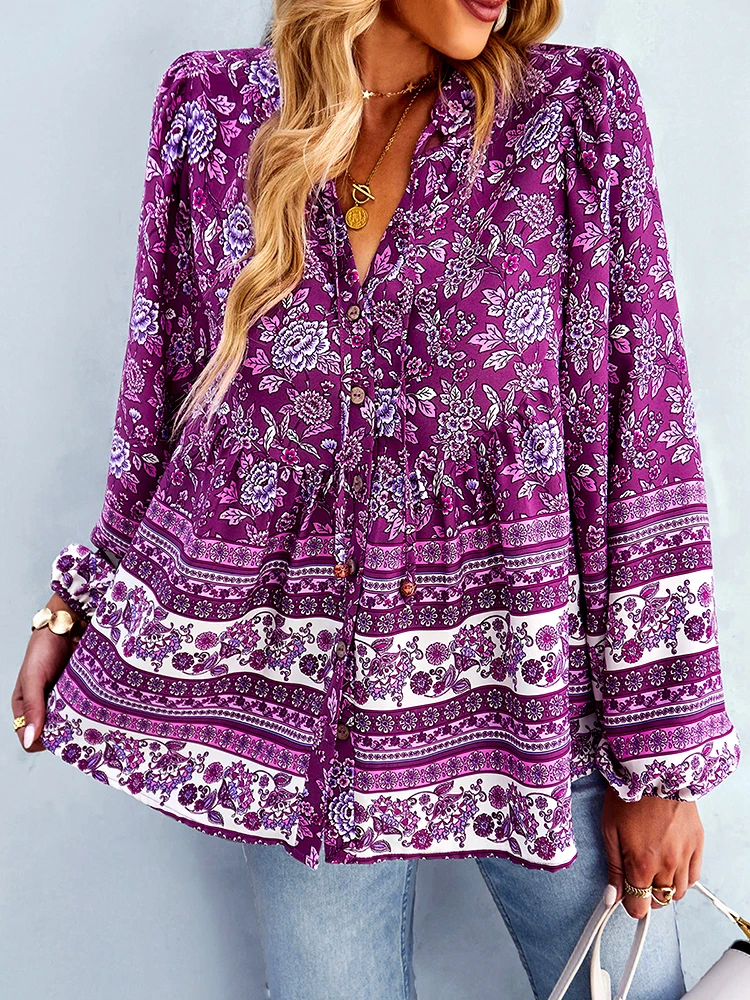 KHALEE YOSE Boho Floral Printed Blouse Shirt Vintage Chic Bohemian V-neck Women Shirt Autumn Casual Holiday Ladies Shirt Tops