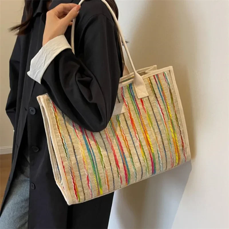 

Женская сумка большой вместимости, сумка через плечо по диагонали, стильная и универсальная холщовая сумка в радужную полоску