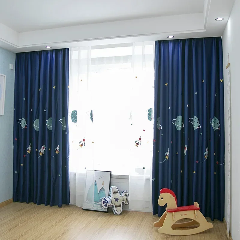 Cartoon Out Space Planet Blackout Curtains For Kids Baby Boys Bedroom Thick Fabric Window Drapes Sheer Tulle Living Room X-WP020