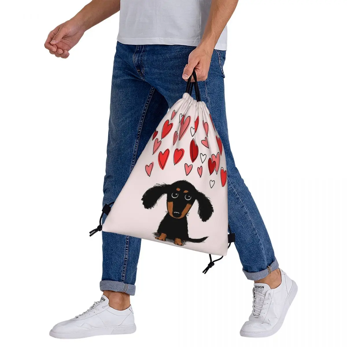 Cão bonito do cachorro do Dachshund com corações dos namorados, sacos do cordão, bolso do pacote, sapatas, saco do livro