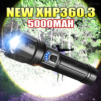 Most Powerful XHP360 Flashlight Rechargeable 800W LED Torch Long Range 5000m Strong Light Tactical Lantern for Camping Hiking