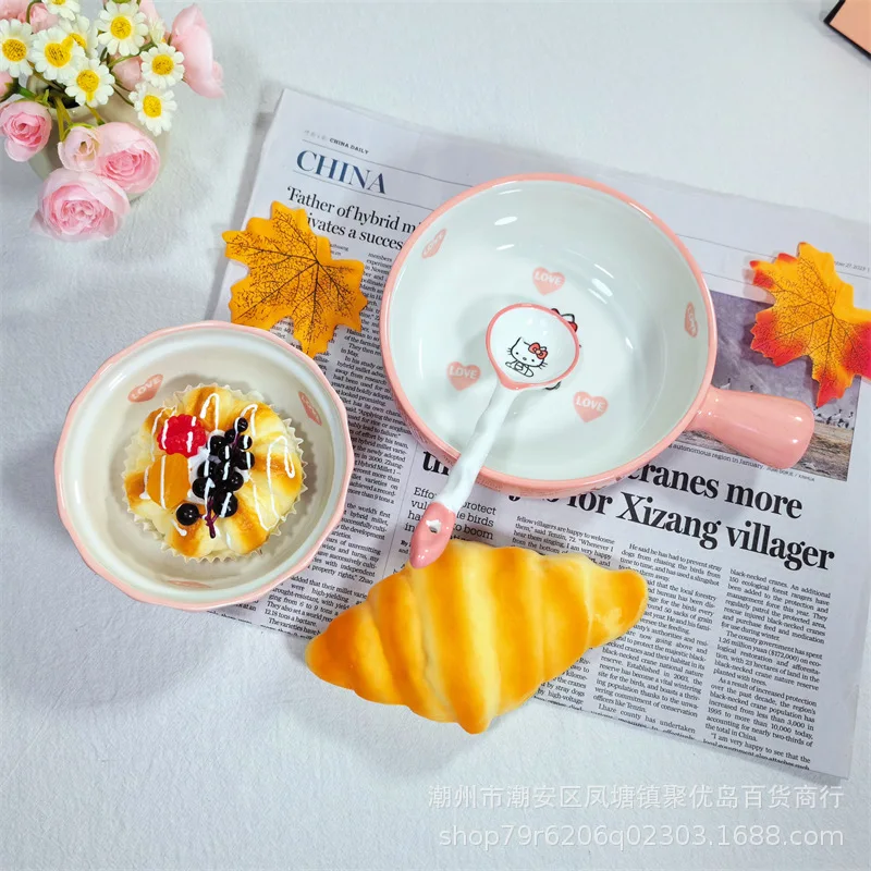 Sanrio Hello Kitty Y2K Handled Bowl Cartoon Kawaii Cute Student Children Fruit Salads Tableware Diamine Material Girls Toys