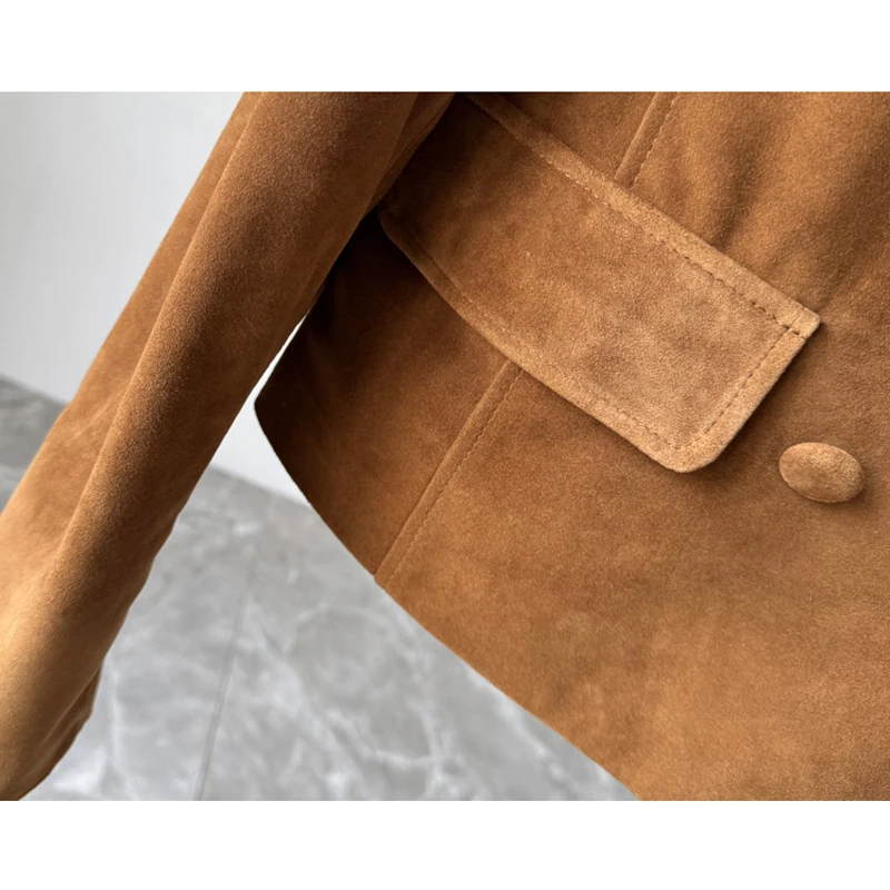 2025 ฤดูใบไม้ร่วงVINTAGEสีน้ําตาลผู้หญิงของแท้หนังสั้นชุดสูทSingle-breasted Goatskinเด็กเสื้อแจ็คเก็ตหนังนิ่มหญิง