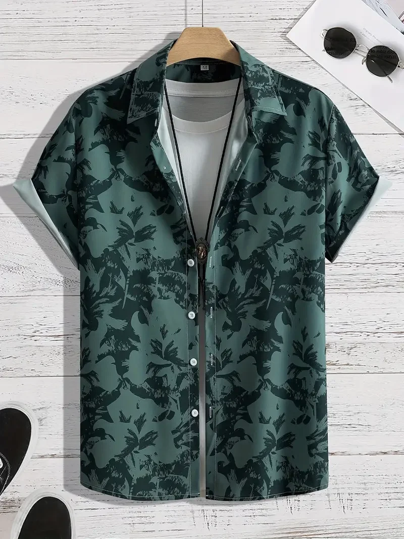 Men's Novel Flower Print Summer Casual Short Sleeve Button Flip Collar Shirt Fashion Plant Design Summer Hawaiian Shirt