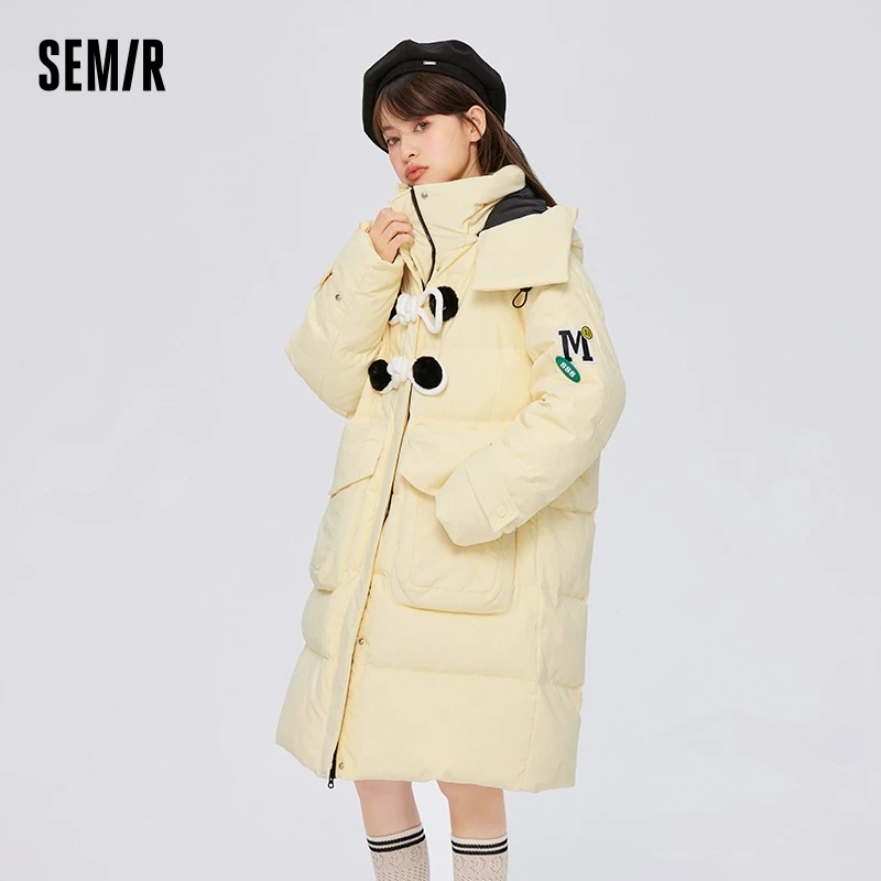 Semir Down Jacket Women Long Waterproof 2023 Winter New Loose Buckle Design Milk Yellow Down Jacket