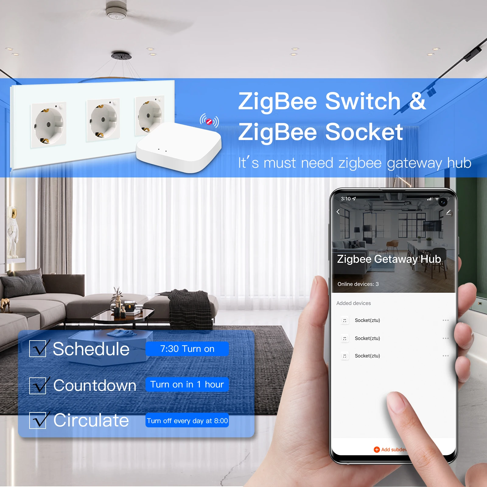 Bseed Triple Zigbee Wifi Socket Eu 16A Stopcontacten Glas Panel Tuya Smart Leven App Controle Blauwe Achtergrondverlichting Met Timing functie