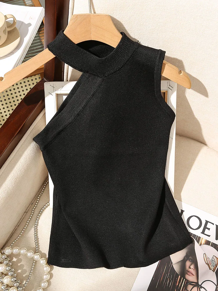 섹시한 슬림핏 어깨 노출 니트 베스트 탑 블라우스 스트랩 디자인 출퇴근용 슬림 길이 폴리에스터 혼방