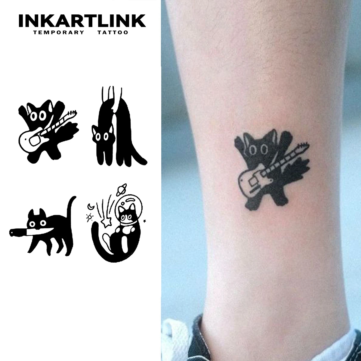 Cute black cat Temporary Tattoo,Lasts To 15 Days New Technology Magic Waterproof Semi Permanent Sticker.