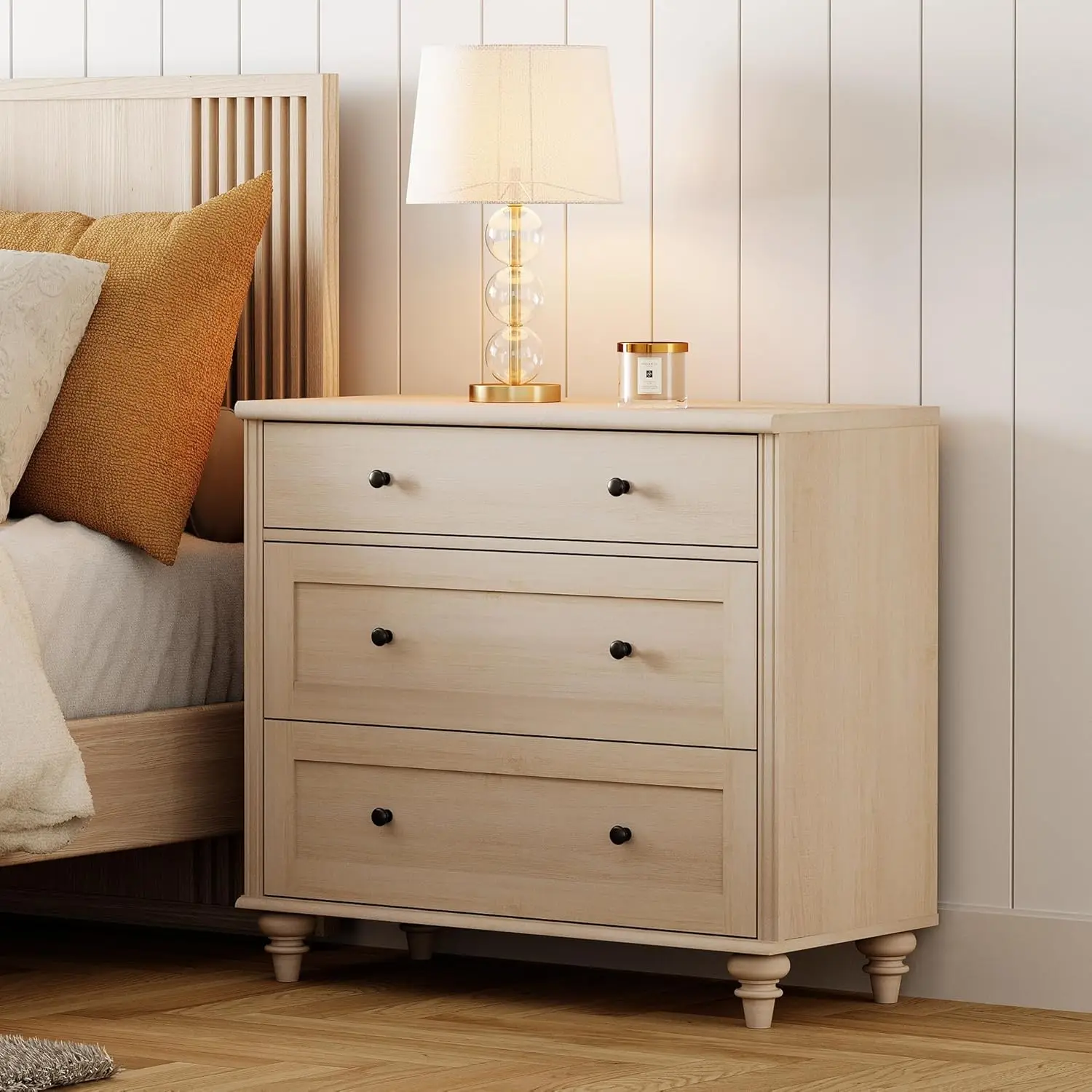 

Farmhouse Nightstand With 3 Drawers, Large Wood Bedside Table Night Stand, Wide Sofa Side End Table 3 Drawers Chest Of Dresser