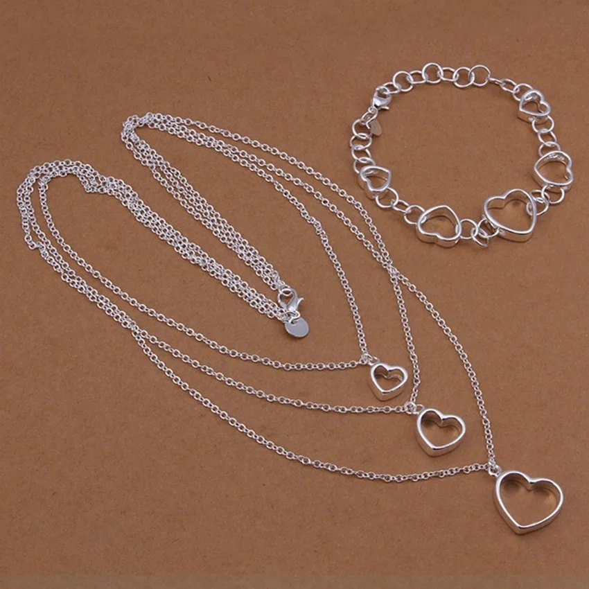 Factory Outlets European Style Hollow Heart Pendant Necklace Bracelets Fashion Women 925 Sterling Silver Jewelry Sets