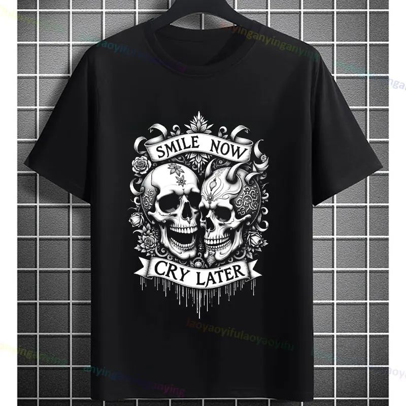 Funny Payaso Clown Masks Graphic T-shirt - Smile Now Cry Later Design Short-sleeve Pure Cotton Fashion Streetwear Casual Tshirt view 2