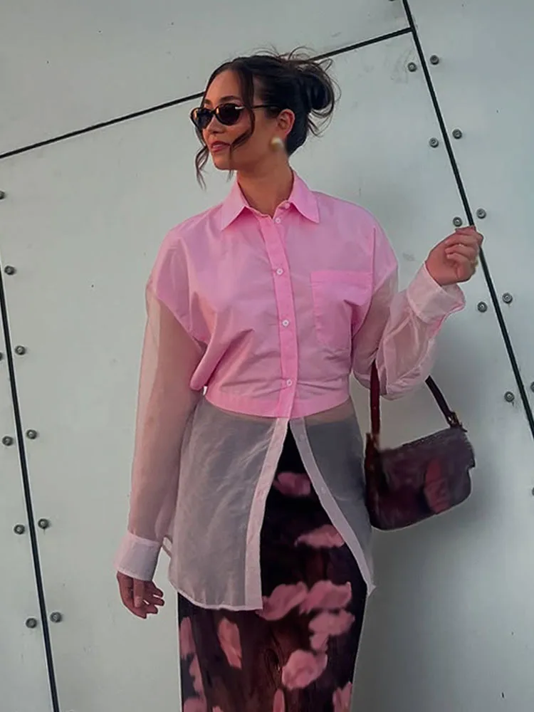 

TRAFZA Female Spring Shirts Pink Turn-Down Collar Long Sleeves Single-Breasted Lace-Up Decoration Women's Fashion Blouses